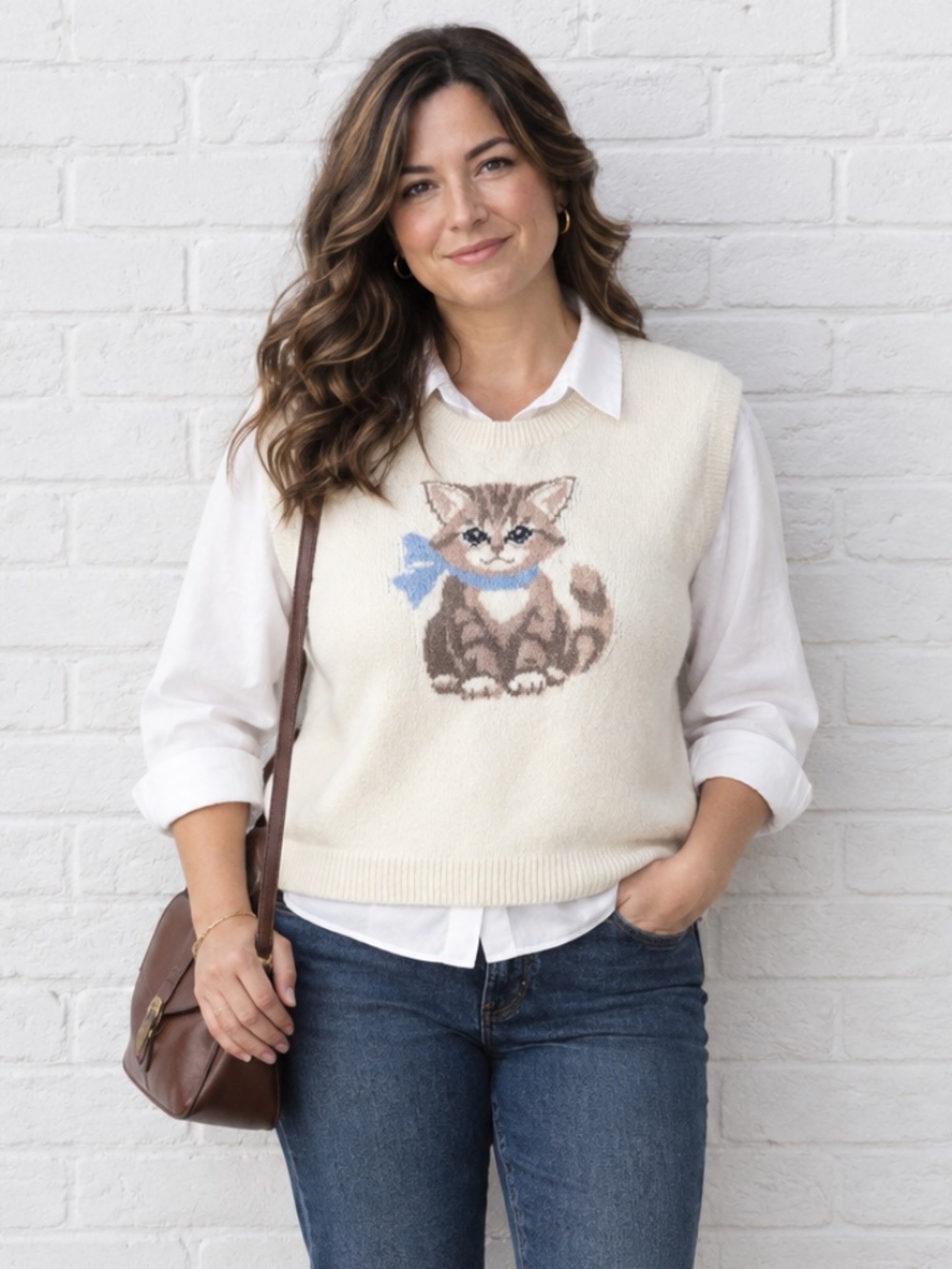 Ardene Cat Sweater Vest Cream Soft Knit Novelty Animal Print Size M